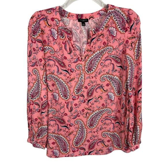 Talbots Pink Floral Paisley V-Neck Rayon Long Sleeve Top Petite Medium - Picture 1 of 10